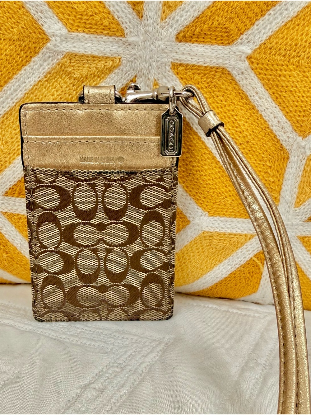 Coach Brown Signature Canvas Cardholder with Metallic Gold Trim and Wristlet